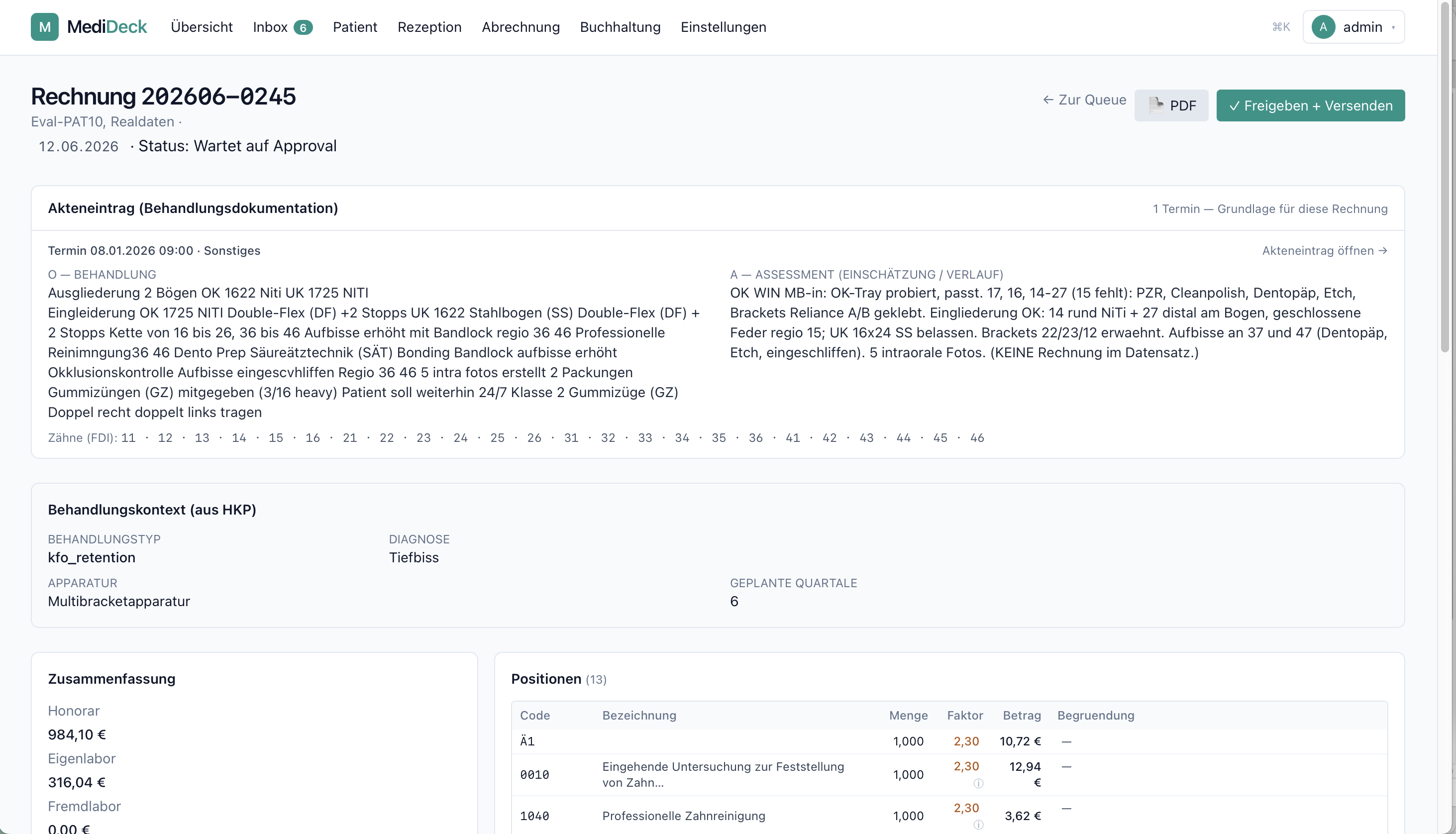 MediDeck: aus Behandlungsdokumentation und HKP-Kontext entsteht die vollständige Rechnung mit GOZ-Positionen
